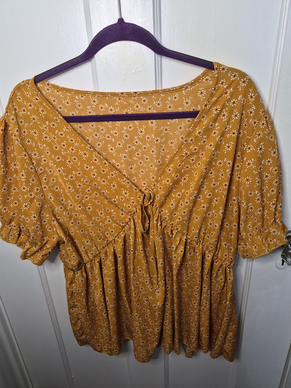 SHEIN Mustard Floral Tie-Front Peplum Blouse
